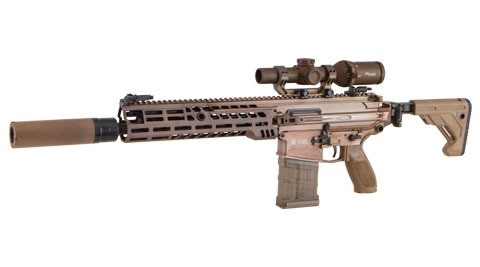 The MCX Spear is featured with suppressor and rifle scope.