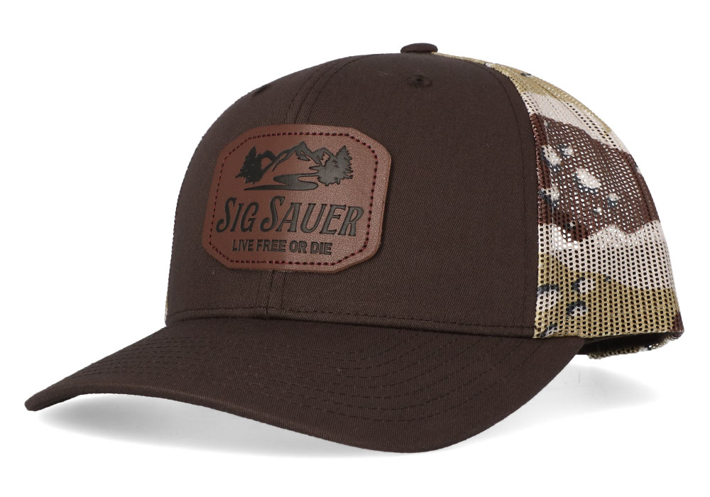 Image of SIG SAUER "LIVE FREE OR DIE" TRUCKER HAT - BROWN AND DESERT CAMO