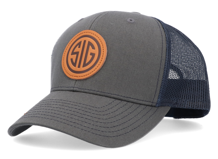 Image of SIG - CHARCOAL/NAVY TRUCKER HAT WITH LEATHER PATCH